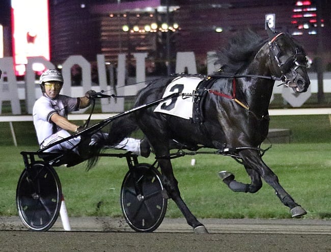 Control The Moment held off Racing Hill at the wire to win the 40th edition of the Meadowlands Pace for driver Brian Sears who celebrated his second Pace victory | Michael Lisa